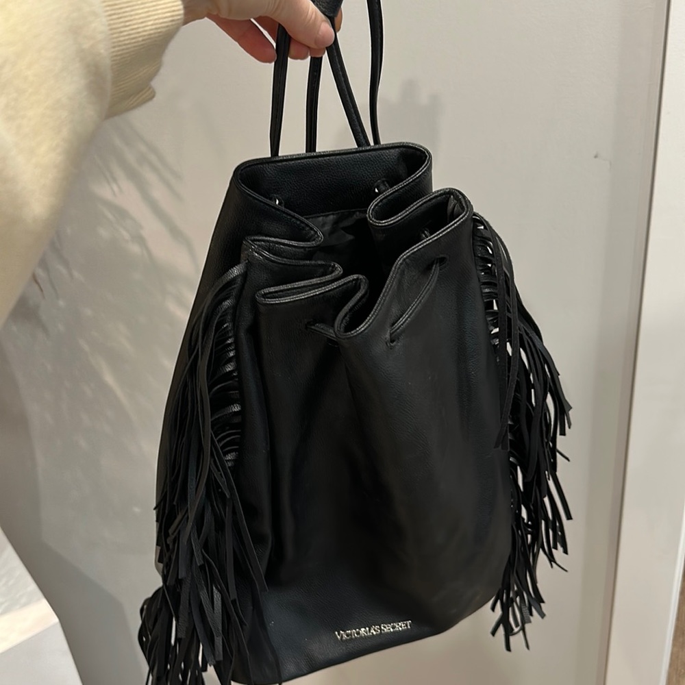 Victoria secret black fringe drawstring backpack